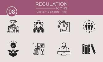 conjunto de iconos de concepto simple de regulación. contiene tales íconos de cumplimiento, pauta, regla, ley y más, se pueden usar para web y aplicaciones. vector