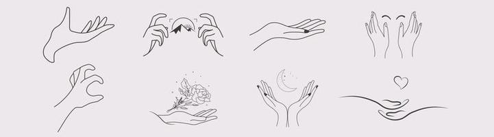 A set of female hand logos in a minimal linear style. Vector logo design Templates with different hand gestures, Crystal. For cosmetics, beauty, tattoo, Spa, feminine, jewelry store