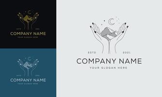 A set of female hand logos in a minimal linear style. Vector logo design Templates with different hand gestures, Crystal. For cosmetics, beauty, tattoo, Spa, feminine, jewelry store