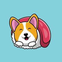 Cute Corgi Dog On Sushi Roll Cartoon Vector Icon Illustration. Animal Food Icon Concept Isolated Premium Vector. Flat Cartoon Style