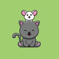lindo gato con ilustración de icono de vector de dibujos animados de ratón. concepto de icono animal vector premium aislado. estilo de dibujos animados plana