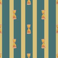 Vintage seamless pattern with orange colored hourglass elements. Turquoise and ocher striped background. vector