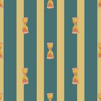 Vintage seamless pattern with orange colored hourglass elements. Turquoise and ocher striped background. vector