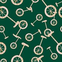 Random seamless pattern with hand drawn bicycle doodle ornament. Green background. Simple design. vector