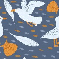 Seamless pattern seagull on blue background. Cute baby print with birds, shells, pebbles and feather. vector