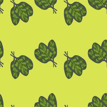 Seamless pattern bunch spinach salad on bright green background. Simple ornament with lettuce. vector