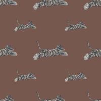 Decorative seamless doodle pattern with hand drawn grey jumping tigers print. Pastel brown background. vector