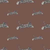 Decorative seamless doodle pattern with hand drawn grey jumping tigers print. Pastel brown background. vector