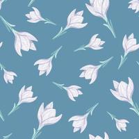 Random seamless pattern with simple light crocus flower elements. Turquoise background. Nature artwork. vector