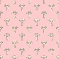 Green contoured mushrooms shapes seamless pattern. Pink background. Doodle forest elements. Abstract style. vector