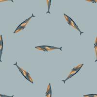 Seamless pattern Fin whale on gray background. Template of cartoon character of ocean for fabric. vector