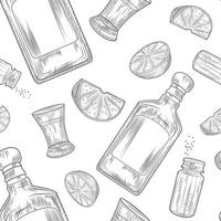 Tequila seamless pattern. Shot glass and bottle tequila, salt, lime