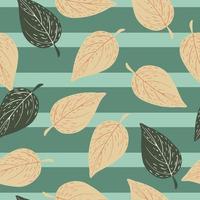 Falling autumn leaves seamless hand drawn pattern. Outline foliage print on striped background. vector