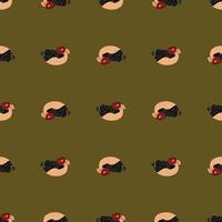 Decorative zoo seamless pattern with hand drawn puffin ornament. Green olive background. Hand drawn print. vector