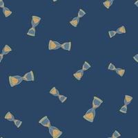 Retro random seamless pattern with orange hourglass elements. Navy blue background. Decorative print. vector