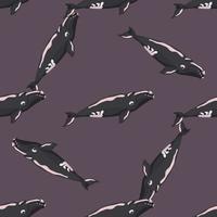 Seamless pattern right whale on violet background. Template of cartoon character of ocean for fabric. vector