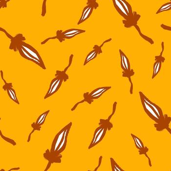 Random seamless pattern with brown contoured leaves elements. Orange bright background. Simple style. vector