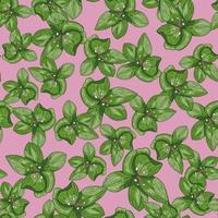 Decorative green orchid flower shapes seamless pattern. Pastel pink background. vector