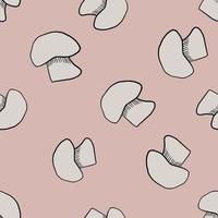 Grey outline random champignon seamless pattern in hand drawn style. Pastel pink background. vector