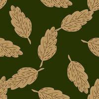 Foliage seamless random pattern with beige leaf silhouettes. Green background. vector