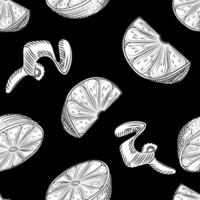 Hand drawn lemon slice and peel seamless pattern on black background. Lemon citrus fruit wallpaper. vector