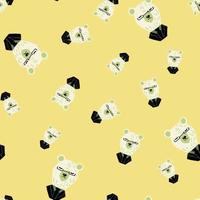 Seamless random pattern with white bear heads in tuxedo outfits. Light yellow background. Childish backdrop. vector