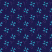 azul brillante de cuatro hojas clower votanic patrón sin costuras en estilo doodle. fondo azul marino. vector