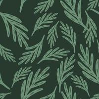 Seamless random pattern with green hand drawn foliage leaves shapes. Dark grey background. Nature backdrop. vector