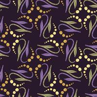 patrón decorativo sin costuras con flores de lirio de los valles abstractas de fideos. fondo morado oscuro. vector