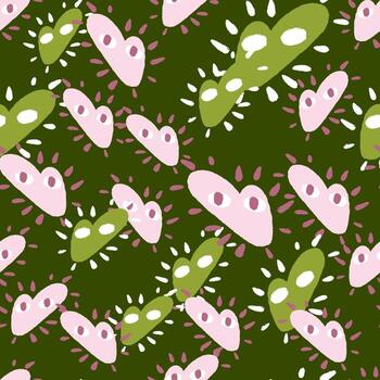 Abstract seamless pattern with simple style heart characters print. Green background. Romantic love style. vector