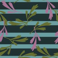 Green and lilac leaves branches random print seamless pattern. Blue striped background. Simple style. vector