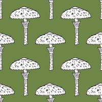 Autumn harvest seamless pattern with outline white mushroom shapes. Green background. vector