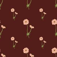 Floral seamless pattern with pink simple anemone branches ornament. Dark maroon background. Minimalistic print. vector