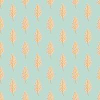 Pastel tones seamless doodle pattern with simple orange oak leaves. Blue background. vector