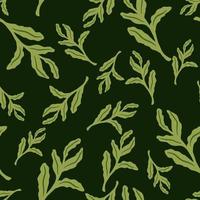 Random seamless pattern in autumn style with green foliage shapes. Brown dark background. vector