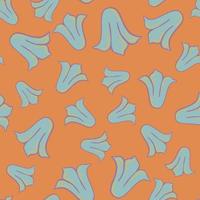 Abstract random seamless pattern with blue doodle tulip buds ornament. Orange background. vector