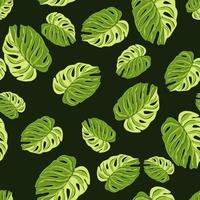 Tropical seamless pattern with bright green monstera elements print. Dark background. Random ornament. vector