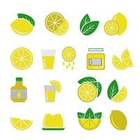 conjunto de limones de estilo plano, rebanadas, cuñas y alimentos de limón enteros en forma de jugo, limonada, gelatina y mermelada, conjunto de íconos para el diseño vector