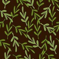 Green simple leaves twigs shapes seamless random pattern on brown dark background. vector