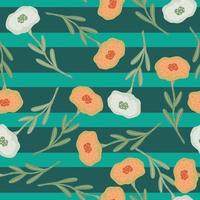 Random seamless botanic pattern with white and orange flowers. Blue striped background. vector