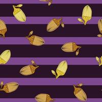 Abstract autumn seamless pattern with random yellow and beige acorn ornament. Purple striped background. vector