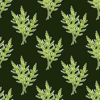 Seamless pattern bunch arugula salad dark on background. Modern ornament with lettuce. vector