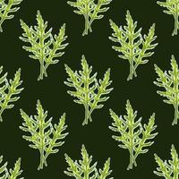 Seamless pattern bunch arugula salad dark on background. Modern ornament with lettuce. vector