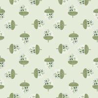 Creative seamless forest pattern with little green acorn ornament. Light pastel background. vector