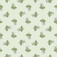 Creative seamless forest pattern with little green acorn ornament. Light pastel background. vector