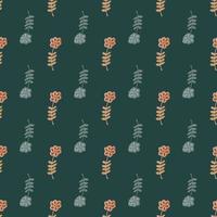 Flat seamless botanic pattern with hand drawn flowers silhouettes. Green background. vector