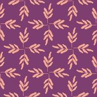 Geometric foliage seamless pattern with light orange leaves on purple background. Abstract floral backdrop. vector