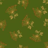 Organic meadow seamless pattern with random wild yarrow ornament. Green olive background. Botany print. vector