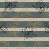 Seamless pattern spider web isolated on green striped background. Outline spooky cobwebs template for fabric. vector
