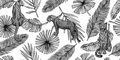 Savannah wildlife seamless pattern. Vintage Leopard and leaves of palm, banana in engraving style. vector